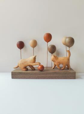 软萌治愈系 实木气球 朦胧猫木制手作氛围玄关车载装饰 桌面摆件