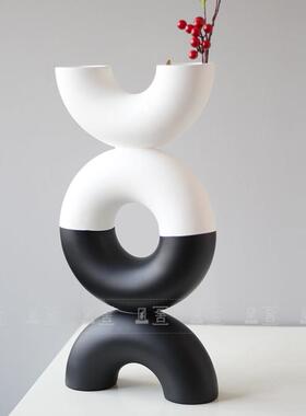 简约现代U形黑白树脂花瓶花器北欧样板间家居客厅书房样板间摆件