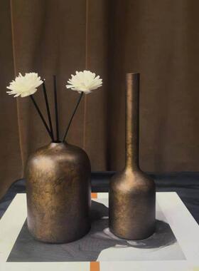 覆古风小众纯铜铸造创意摆件样板间售楼处中古风黄铜小花瓶装饰品