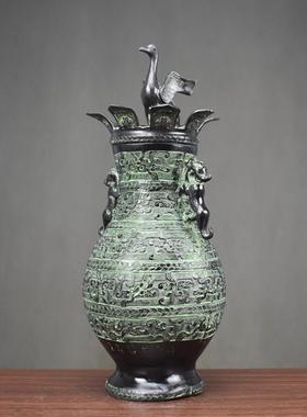 古董青铜花瓶摆件仙鹤展翅圆壶家居风水礼品客厅装饰插花双虎花瓶