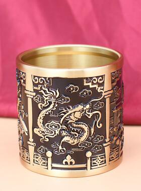 黄铜龙凤呈祥摆件百福雕刻茶桌纯铜笔筒桌面装饰纯铜实心铜制品批