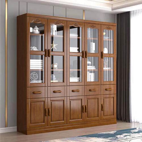 书架实书柜新中式多木书功能带玻高璃门落地储物柜档书橱架组合 - 图1