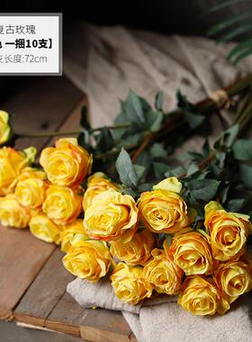 高档7a2cm御三泥vintgei复古黄红玫瑰ns风艺仿真花假花绢花摆件花