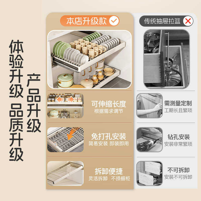 不锈钢抽屉式伸缩拉篮碗碟架 免打孔厨房橱柜抽拉碗碟收纳沥水架,淘宝优惠券,粉丝福利购,淘宝优惠卷