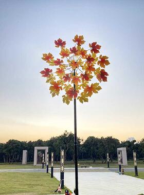 太阳能铁艺风车户外铁艺双面枫叶旋转地插风车花园别墅花园装饰灯