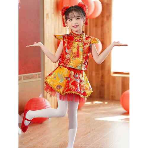 正品六一儿童演出中红梦娃喜庆打鼓国秧服园歌服幼儿男女太平鼓舞 - 图0