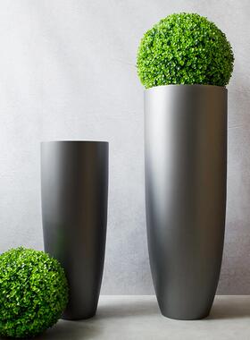 J^h玻璃钢银灰色圆形落地大花瓶简约现代家居样板间软装饰品花器
