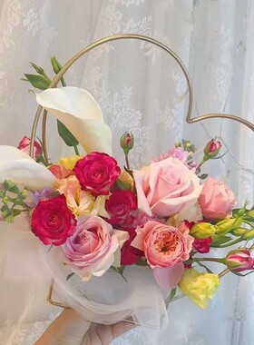 金属花篮爱心镀金几何手提花篮花盒鲜花包装花艺圆形方形铁艺花架
