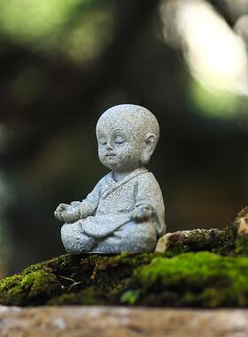 禅意花卉盆景微景观装饰摆件小和尚沙弥假山鱼缸造景家居茶桌摆设