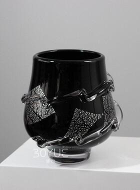 轻奢现极简黑色玻璃花样板间售楼处客厅餐厅黑色缠丝插花器皿