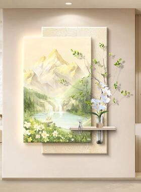 奶油风格入口门入口装饰画水培绿色植物走廊过道挂画日照金山面对