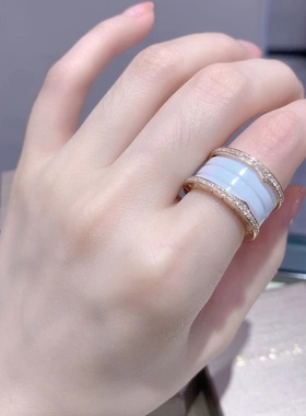 公价4.32万】99新宝格丽18K玫瑰金白陶瓷双排钻戒指正品AN857030