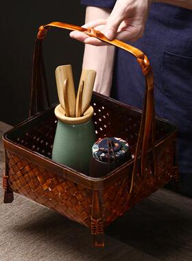 纯手工竹编提篮茶具收纳篮水果竹制品户外采摘篮野餐篮竹篮竹子