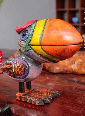 山桃木中式家居装饰品实木手工雕刻彩绘鸟创意招财玄关客厅摆件