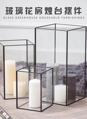 现代简约长方形几何玻璃灯罩浪漫蜡烛烛台餐厅咖啡厅室内装饰摆件