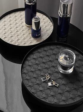 轻奢风藤编皮质圆形香薰托 托盘玄关钥匙收纳盘首饰盘装饰摆盘