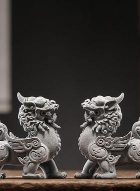 新中式家居桌面玄关装饰品麒麟一对店铺办公室客厅卧室石材工艺品