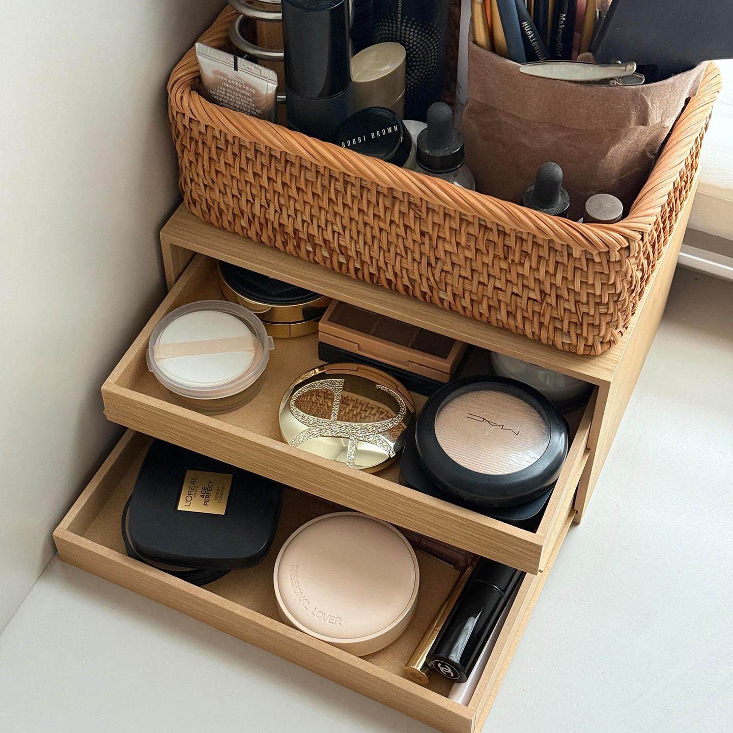 桌面化妆品收纳一体柜木质抽屉式护肤品收纳篮梳妆台置物架整理盒,淘宝优惠券,粉丝福利购,淘宝优惠卷