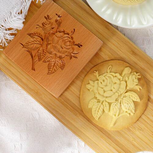 1PC Wood Cookie Mold with Rose Flower Patterns, Christmas 3D - 图1