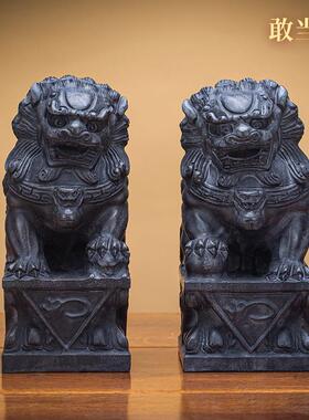 泰山青石狮子摆件一对门前门口石雕石头大小公母狮子看门泰山文创