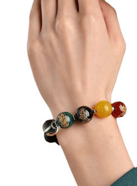 龙年礼物本命年保真财神手链黑曜石s925男女手链配件银五路