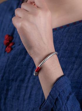 正品大善堂本银心经手镯女开口实心足银命年红绳古好运纯镯子复文