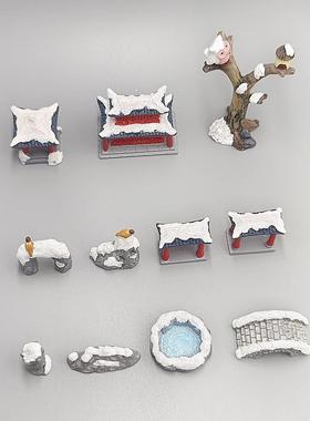 满19元包邮微景观雪景国风建筑江南小楼亭院桥门假山水池造景摆件