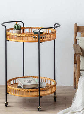 可移动茶几推车置物架双层藤编带轮小桌子复古客厅小户型沙发边柜