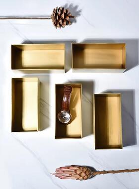 北欧黄镜面亚克铜纳盒金属首饰盒长件方形收家居金色摆物高档小盒