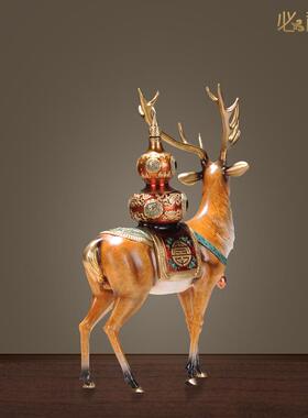 新款福鹿双全招财纯黄铜鹿摆件家客玄办关居装饰厅公室摆设纯手工