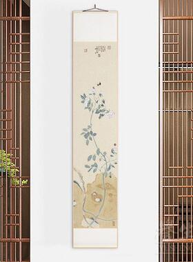 新中式花鸟卷轴挂画竖版玄关走廊过道装饰画客餐厅壁画书房长条画
