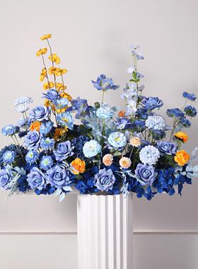蓝橘色玫婚庆路花成品蓝色系仿真花地饰排花假花婚礼堂布吊置顶装