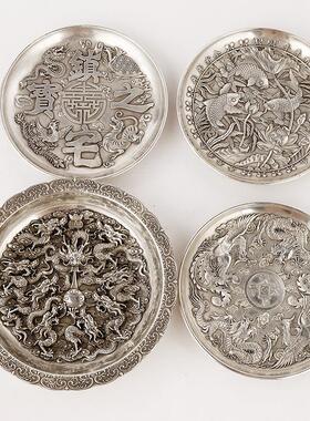 古居玩仿古铜子器 莲花鱼实白461铜银色碟盘子家办公古玩摆心件