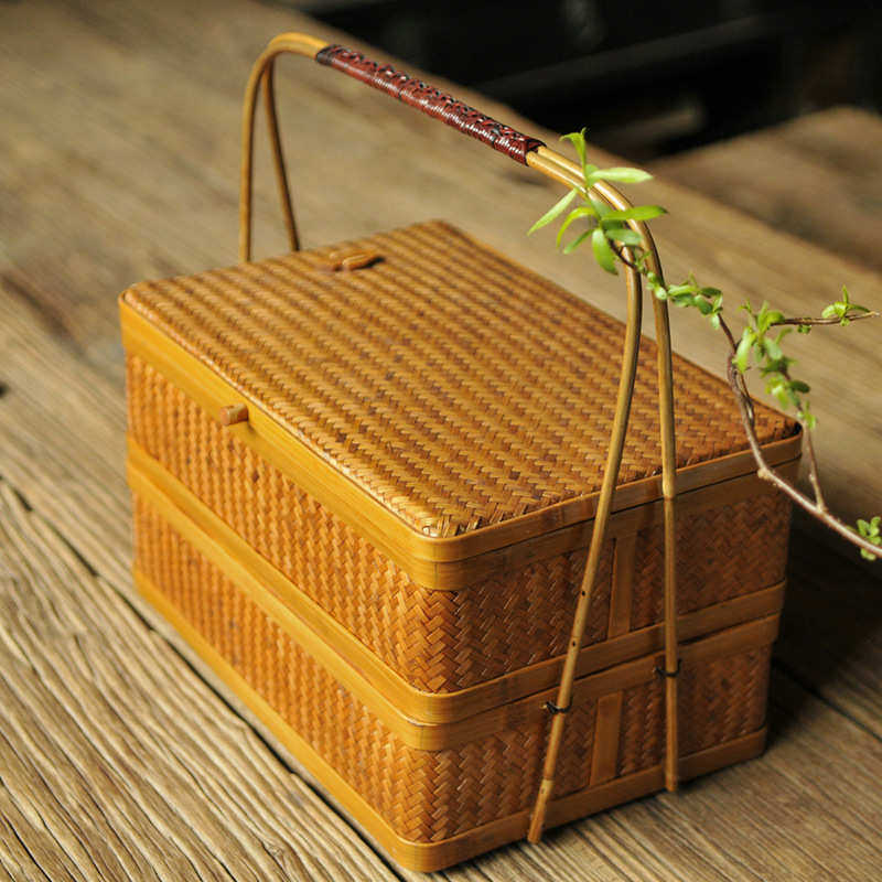 手工竹编大漆方形双层食盒 茶叶竹编收纳盒提篮 包装手工艺品提篮,淘宝优惠券,粉丝福利购,淘宝优惠卷