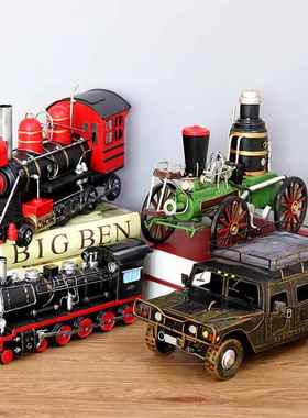 复古怀旧巴士解放军车吉普红旗火车仿真模型铁艺摆件家居酒柜装饰