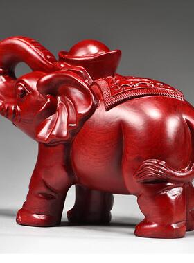 红色实木雕刻大象饰品，一对家庭办公室入口装饰工艺品，开启新家