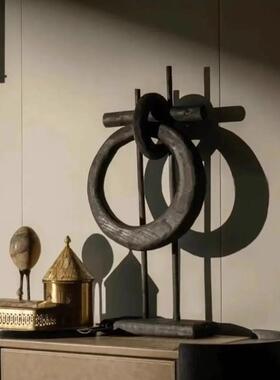 侘寂风黑色几何木纹吊环扣摆高级感桌面装饰品客厅摆设民宿酒店陈