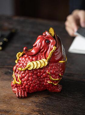 大号红色陶瓷金蟾摆件招财三足蟾蜍客厅办公室玄关工艺礼品摆饰开