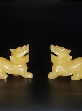 正品家用办公室桌面茶宠天然米黄色玉石头招财貔貅小号摆件一对小