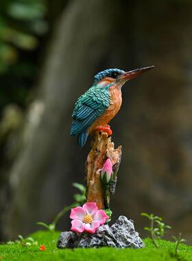 创意小鸟摆件可爱彷真动物翠鸟站树枝花园盆景装饰树脂工艺礼品摆
