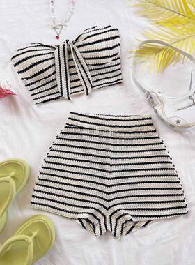 Women'S Elegant Striped Pattern Set, Bow Detail And High