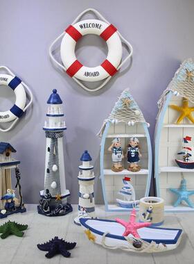 地中海风格灯塔船柜组合装饰摆件海洋风主题活动橱窗陈列船形摆设