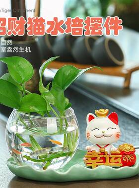 平安喜乐招财猫水培花瓶水养花器玻璃花瓶办公室桌面摆件鱼缸猫咪
