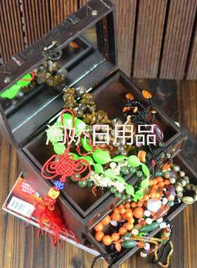 古风印花带锁梳妆盒桌面带镜手饰品复古收纳中国风百宝盒古代盒子