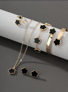 跨境热销幸运花首饰套组压克力手镯手錬五叶草项炼戒指耳针女