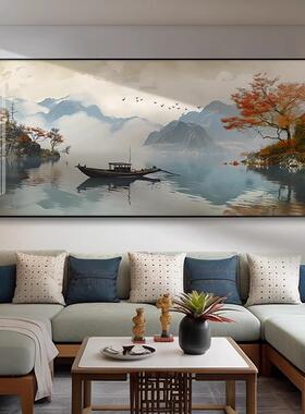 一帆风顺山水画办公室挂画新中式客厅装饰画茶室沙发背景墙水墨画
