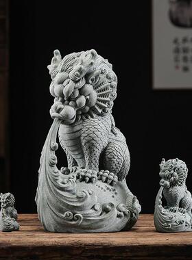 青砂石国潮风鱼缸造景招财吸水神兽客厅玄关茶室桌面茶宠茶玩摆件