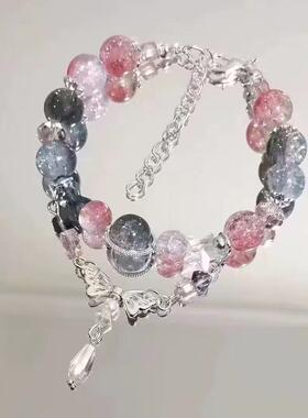 爆款冰凉夏日蝴蝶串珠手链潮甜美爆花玻璃蝴蝶结学生闺蜜手串