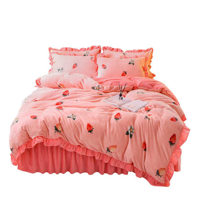 Winter warm double-sided crystal velvet thickened coral velvet princess style bedding flannel sheet bed skirt bed cover four-piece set