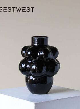 黑色花瓶摆件法式玻璃轻奢高级感插花水培复古鲜花高颜值餐桌艺术